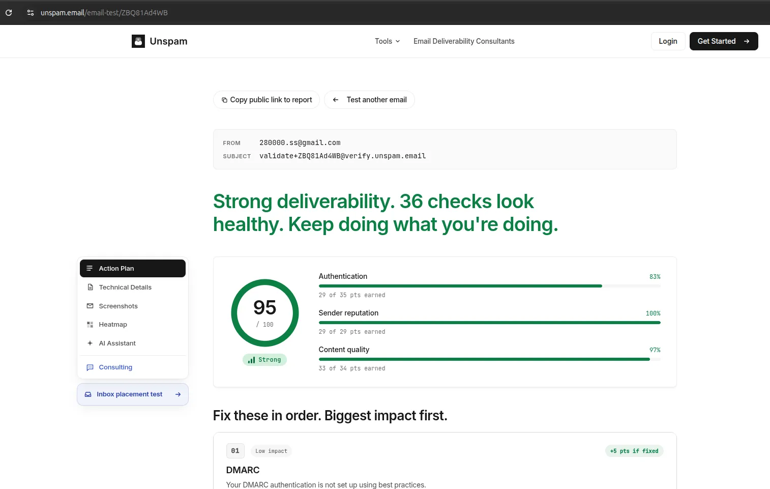 Unspam email test report
